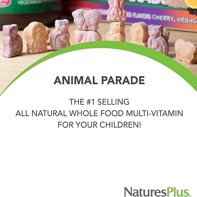 Natures Plus Animal Parade Multivitamin Children's Gummies - 90 Count - Assorted Cherry, Grape & Orange Flavors - Supports Immune System - Vegetarian, Gluten Free - 30 Servings
