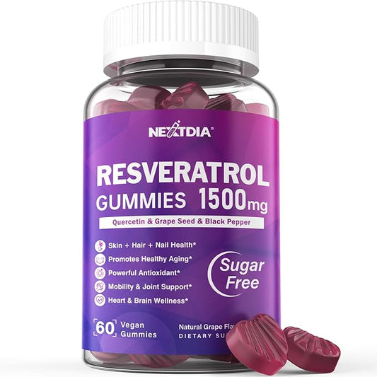 Resveratrol Gummies 1500mg - Sugar Free Resveratrol Supplement with Quercetin, Grape Seed, Acai Berries Extracts Support Antioxidant, Healthy Aging & Longevity, Skin, Brain Wellness - 1Pack