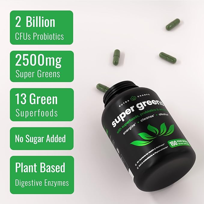 NutraChamps Organic Super Greens Capsules - Alfalfa, Spirulina, Chlorella & More - Antioxidant, Digestive Enzyme & Probiotic Blends - 150 Green Superfood Capsules