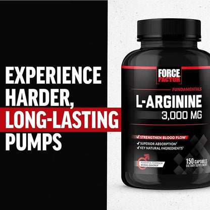 Force Factor L-Arginine, Nitric Oxide Supplement with BioPerine to Help Build Muscle & Support Stronger Blood Flow, Circulation, Nutrient Delivery, & Pumps, L-Arginine 3000mg, 150 Count (Pack of 2)