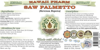 Saw Palmetto Alcohol-Free Liquid Extract, Organic Saw Palmetto (Serenoa Repens) Dried Berry Glycerite Natural Herbal Supplement, Hawaii Pharm, USA 2x2 fl.oz