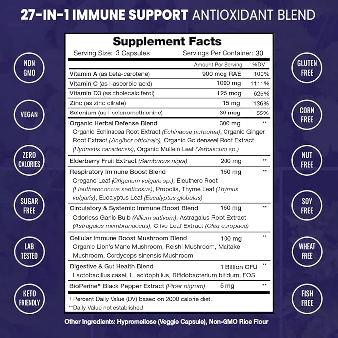 NutraChamps 27 in 1 Immune Support Supplement, 90 Immune Defense Capsules, 1000mg Vitamin C, 5000 IU D3, Elderberry, Zinc, 1 Billion CFU Probiotics & More (Pack of 2)