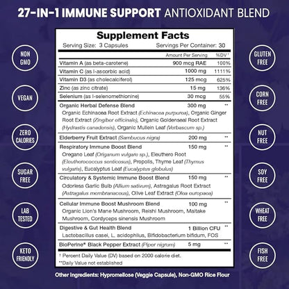 NutraChamps 27 in 1 Immune Support Supplement, 90 Immune Defense Capsules, 1000mg Vitamin C, 5000 IU D3, Elderberry, Zinc, 1 Billion CFU Probiotics & More (Pack of 2)