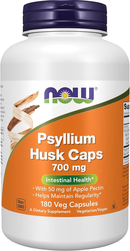 NOW Foods Supplements, Psyllium Husk Caps 700 mg with 50 mg of Apple Pectin, Intestinal Health*, 180 Veg Capsules