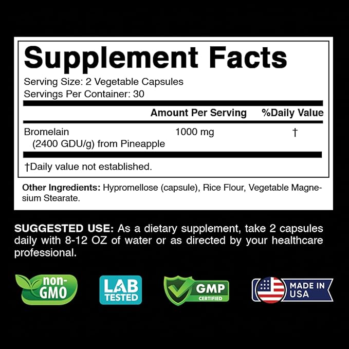 Bromelain Supplement 1000mg per Serving, 2400 GDU/g, Proteolytic Enzymes, Supports Digestion of Proteins, 60 Count - Non-GMO & Gluten Free