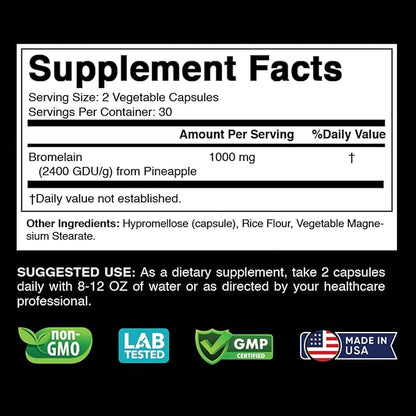 Bromelain Supplement 1000mg per Serving, 2400 GDU/g, Proteolytic Enzymes, Supports Digestion of Proteins, 60 Count - Non-GMO & Gluten Free