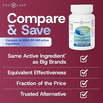GeriCare Magnesium Oxide Supplement 240 mg of Elemental Magnesium, 120 Tablets, Essential Mineral Support, Promotes Vascular Health, Bone Strength, and Muscle Function (Pack of 3)