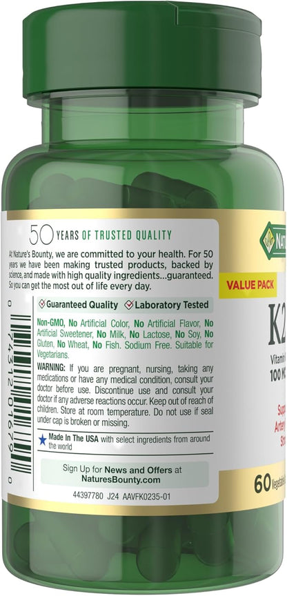 Nature's Bounty Vitamin D3 K2 Supplement, 4000 IU Vitamin D3 Plus 100 mcg of Vitamin K for Heart & Bone Health Support, 60 Day Supply, 60 Vegetarian Capsules, K2 + D3 Supplements for Adults