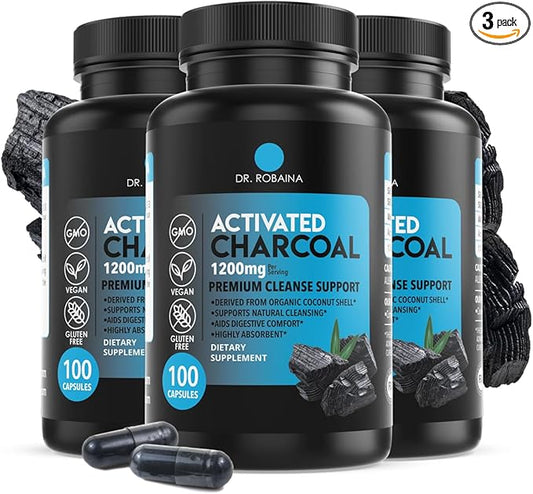 Dr. Robaina Activated Charcoal Capsules - 1200 mg Natural Detox and Digestive Support - 100 Capsules, Made in USA