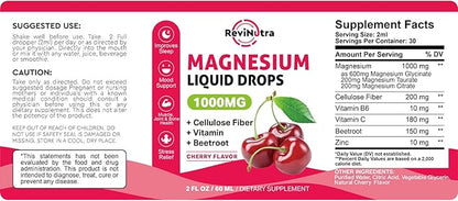 Magnesium Glycinate Liquid Drops, 1000mg Magnesium Glycinate, Citrate & Taurate with Fiber, Beetroot, Vitamin B & C for Sleep, Calm, Muscle, Energy & Relaxation, 2 Fl Oz, Sugar-Free Cherry Flavor