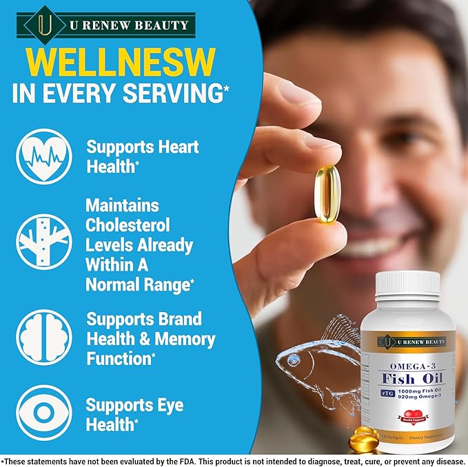 92% Omega-3 Fish Oil mini Softgels for Women and Men 1000mg per Serving with 920mg EPA & DHA Supplements,Supports Heart & Brain Health, 120 Count