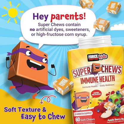 Immune Health Super Chews, Kids Immune Support Supplement with Vitamin D for Kids, Elderberry, Vitamin C, & Zinc, 2-Month Supply, Non-GMO, Apple Berry Flavor, 60 Soft Chews (Pack of 2)