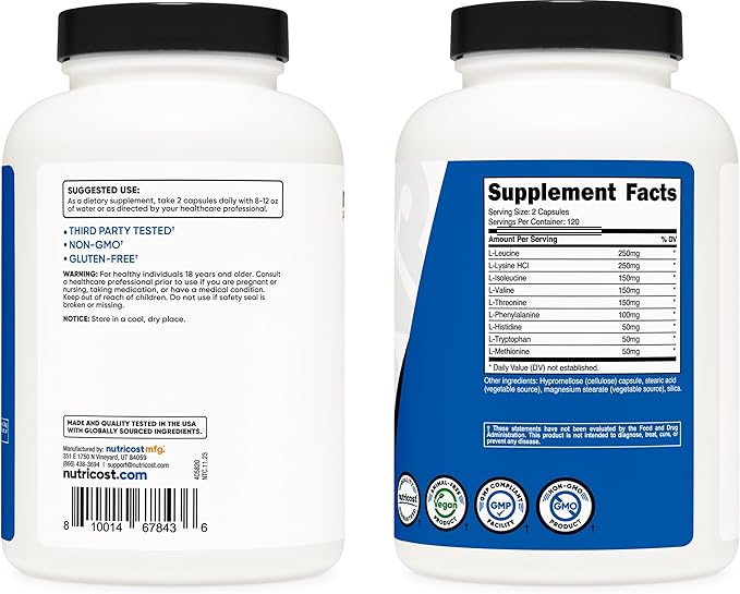 Nutricost EAA Capsules 1200mg, 240 Capsules - Essential Amino Acids, 120 Servings - Non-GMO, Gluten Free & Vegan