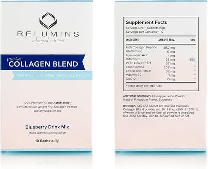 Relumins Marine Collagen Powder Drink Mix - Collagen Peptide with Glutathione, Green Tea, CoQ10, & Hyaluronic Acid Boosts Smooth Glowing Skin - 100 Powder Sachets x Mix Flavored
