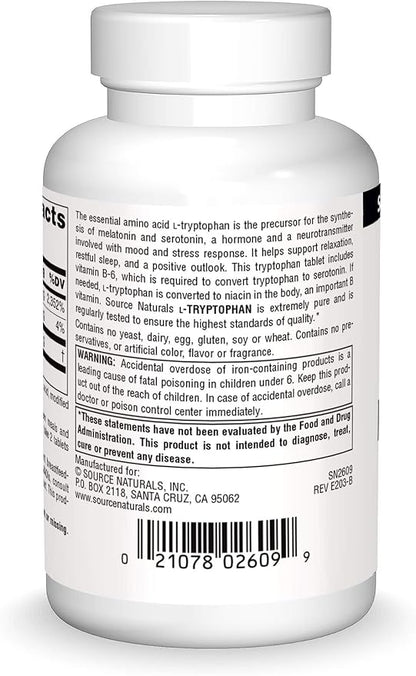Source Naturals L-Tryptophan with Vitamin B-6 1000 mg Support Mood, Relaxation And Sleep - 60 Tablets
