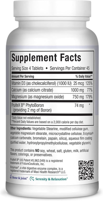 Maxi Health Calcium Magnesium Supplement with Vitamin D3 and Boron - Kosher Bone Health & Nighttime Formula, Calcium Citrate CalMag & Vitamin D (180 Tablets)