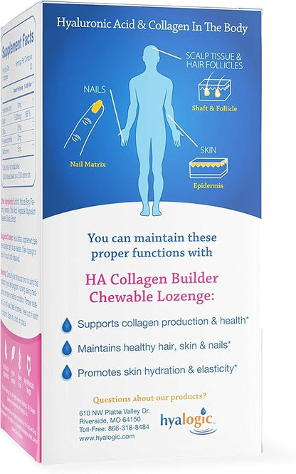 Hyalogic Hair Skin & Nails Hyaluronic Acid Collagen Builder – Delicious Berry Flavored Collagen Boost Chewable Lozenges – Sugar Free Vegan Collagen Ideal to Enhance Your Natural Beauty – 30 Count