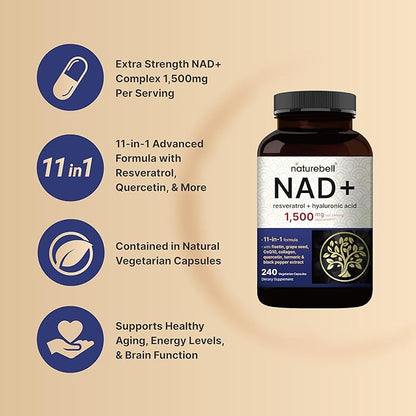 NatureBell NAD+ 1,500mg Per Serving, 240 Veggie Capsules | 10-in-1 Complex with Resveratrol Plus Hyaluronic Acid, Quercetin, Fisetin, Collagen, & More – Nicotinamide Supplement – Non-GMO