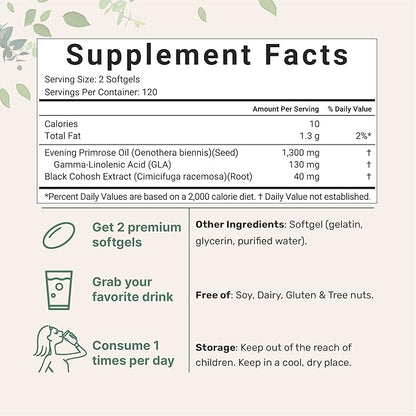 Micro Ingredients Evening Primrose Oil 1300mg Per Serving, 240 Softgels | Enhanced with 40mg Black Cohosh Extract, Cold Pressed – 10% Active GLA, Non-GMO, No Gluten, Easy to Swallow