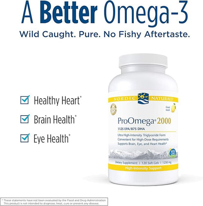 Nordic Naturals ProOmega 2000, Lemon Flavor - 120 Soft Gels - 2150 mg Omega-3 - Ultra High-Potency Fish Oil - EPA & DHA - Promotes Brain, Eye, Heart, & Immune Health - Non-GMO - 60 Servings