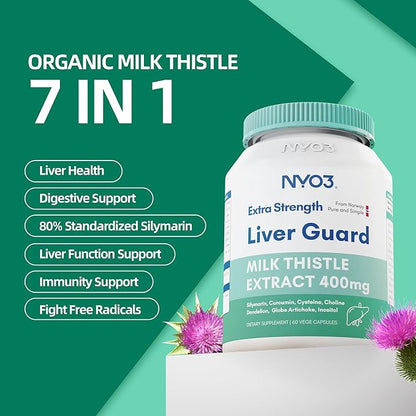 Milk Thistle Liver Detox Supplement 400mg with Dandelion Root & Artichoke Silymarin, 60 Capsules Liver Cleanse Liver Support Herbal Health Supplement, Antioxidant Support