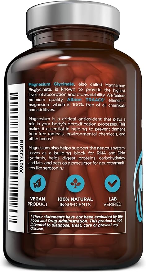 Magnesium Glycinate Supplement with Superior Absorption - Magnesium Supplement with 100% Pure Albion TRAACS Bisglycinate Chelate for Sleep, Heart Health, Nerves, & Muscles - Non-GMO 120 Vegan Capsules