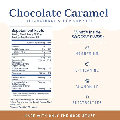 PWDRS Snooze Sleepy Time Hot Chocolate | All Natural Sleep Support | Magnesium Glycinate, L Theanine, Chamomile, Electrolytes | 20 Calories, Non GMO | Chocolate Caramel