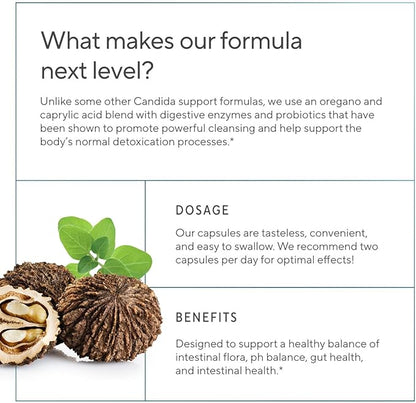 Premium Candida Cleanse Supplement – Candida Support Supplement with Oregano, Caprylic Acid, Black Walnut & Probiotics – Supports Gut Health, Digestion & Intestinal Flora - 60 Candi Support Capsules