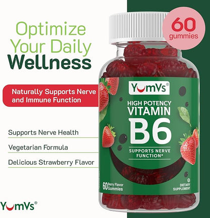 YUM-V'S Vitamin B6 Gummies - High Potency Vitamin B6 100mg - Strawberry Flavor B6 Vitamins Gummies - Nerve & Immune Function, Non GMO Kosher, 60 Count