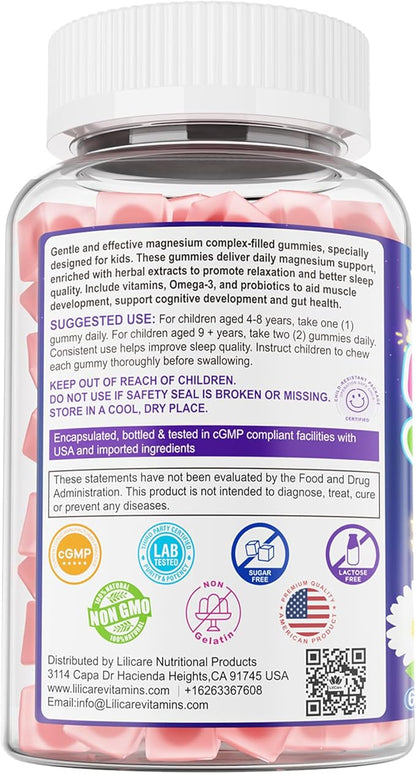 Magnesium Glycinate Gummies for Kids 4+ & Magnesium Citrate, Melatonin Free-Kids Magnesium Supplement w/L-Theanine, Omega 3, D3 K2, B6 B12, for Zzz, Relaxation, Muscle, Brain & Gut, Sugar Free 60 Cts