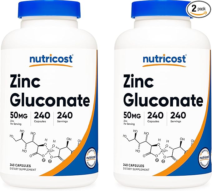 Nutricost Zinc Gluconate 240 Veggie Capsules (50mg) (2 Bottles) - Gluten Free and Non-GMO
