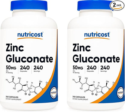 Nutricost Zinc Gluconate 240 Veggie Capsules (50mg) (2 Bottles) - Gluten Free and Non-GMO