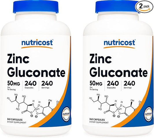 Nutricost Zinc Gluconate 240 Veggie Capsules (50mg) (2 Bottles) - Gluten Free and Non-GMO