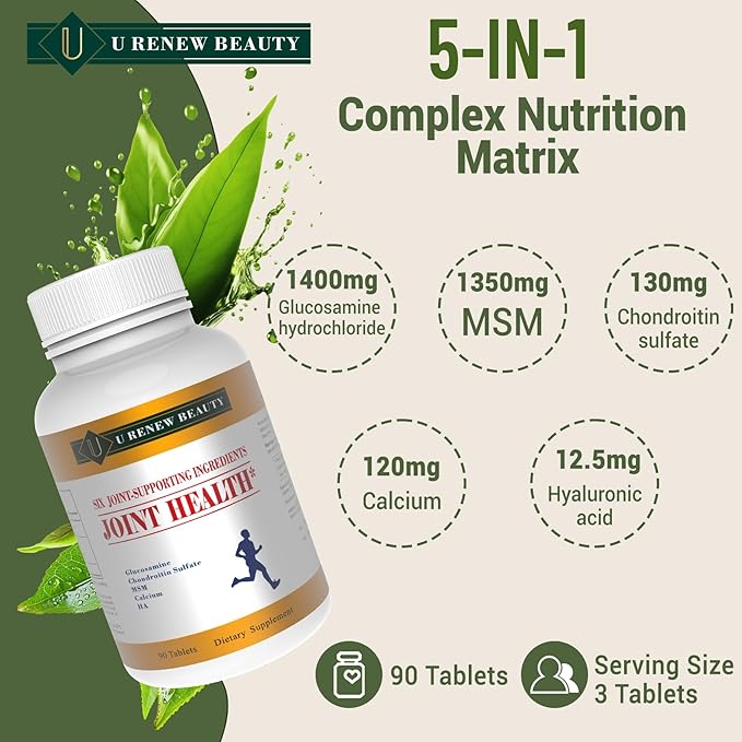 U Renew Beauty Glucosamine Chondroitin MSM and Hyaluronic Acid Calcium Supplements Used for Cartilage & Joint Health & Flexibility Repair Support Formula,Non-GMO Ingredients,Gluten Free,90 Tablets