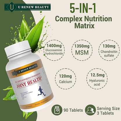 U Renew Beauty Glucosamine Chondroitin MSM and Hyaluronic Acid Calcium Supplements Used for Cartilage & Joint Health & Flexibility Repair Support Formula,Non-GMO Ingredients,Gluten Free,90 Tablets