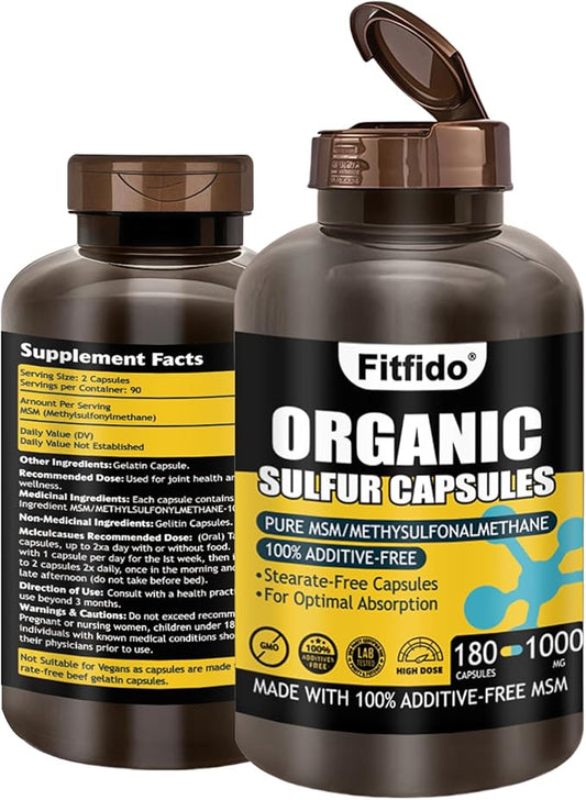 MSM Capsules (180 Count), Pure Organic Sulfur Supplement, Used for Joint Health and Functional Wellness, Hair, Skin, Nails, 1 Bottle Pack