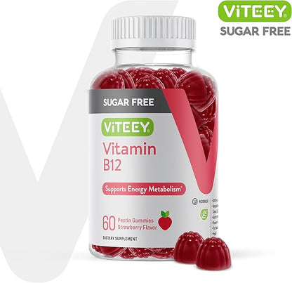 Vitamin B12 Gummies for Adults & Teens 1000mcg, Sugar Free - Good for Energy, Metabolism, Natural Energy Support - Vegan, Gelatin Free, Gluten Free, GMO Free - Tasty Chewable Strawberry Flavored Gummy