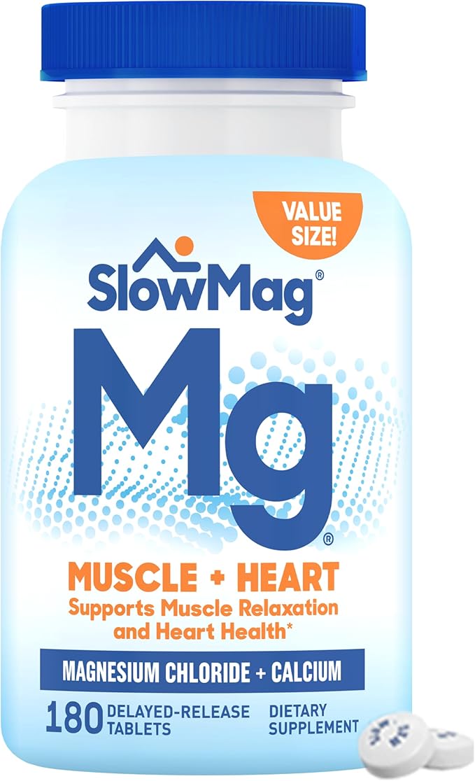 SlowMag Muscle + Heart Magnesium Chloride with Calcium Supplement to Support Muscle Relaxation, Occasional Muscle Cramping & Heart Health, High Absorption, 180 Count