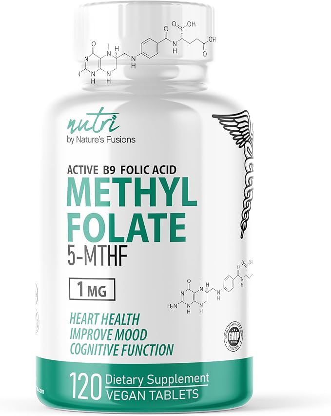 Nature's Fusions Nutri 5-MTHF L Methylfolate 1MG - 4 Month Supply, 120 Vegan Tablets - Methylated Folate Supplement - Cognitive Function, Heart Health, Prenatal Support - Methylated Folic Acid