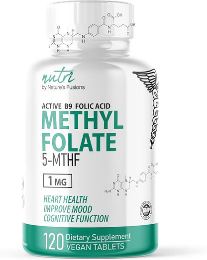 Nature's Fusions Nutri 5-MTHF L Methylfolate 1MG - 4 Month Supply, 120 Vegan Tablets - Methylated Folate Supplement - Cognitive Function, Heart Health, Prenatal Support - Methylated Folic Acid
