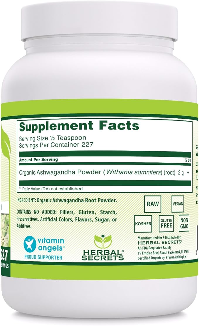 Herbal Secrets Organic Ashwaganda Root Powder 16 Oz | Non-GMO | Gluten Free | Made in USA