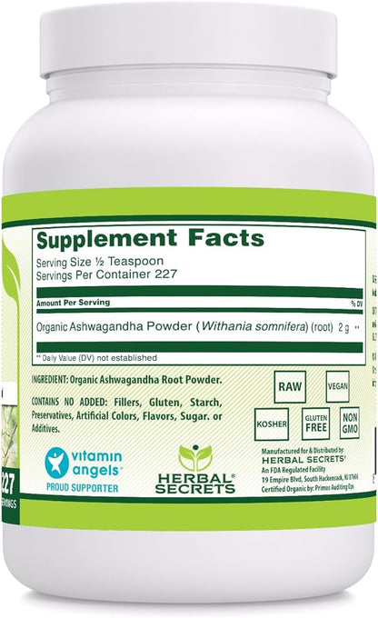 Herbal Secrets Organic Ashwaganda Root Powder 16 Oz | Non-GMO | Gluten Free | Made in USA