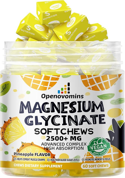 Magnesium Glycinate Soft Chews, Pineapple Flavor.Chewable Sugar Free Potassium Magnesium Chews with Magnesium Glycinate, Vitamin D, B6, and CoQ10 for Calm Support & Sleep for Adults, 60 Days Supply