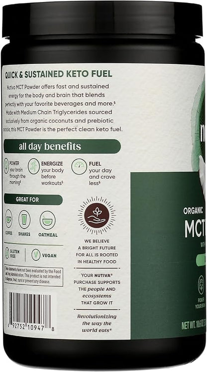 Nutiva Organic MCT Powder with Prebiotic Acacia Fiber, Classic, 10.6 Oz, USDA Organic, Non-GMO, Non-BPA, Vegan, Gluten-Free, Keto & Paleo, Instant Beverage or Boost to Coffee & Smoothies