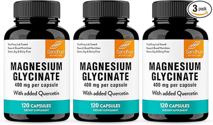 Magnesium Glycinate 400mg Capsules with Quercetin | Quality Sleep, Relaxation, Muscle, Bone Health & Immune Support | 120 Count (Pack of 3) | Easy to Swallow | for Women and Men