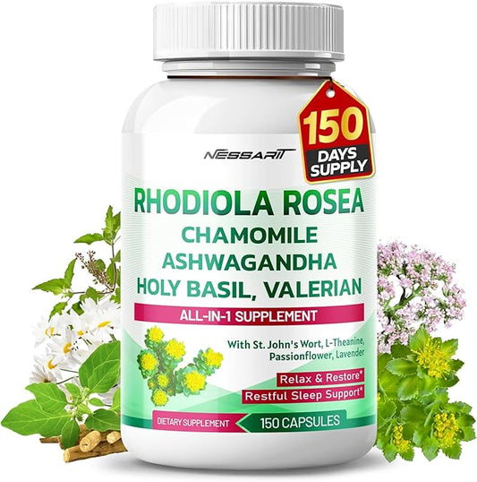 RHODIOLA ROSEA Supplement- 11-in-1 Natural Blend with Chamomile L-Theanine Ashwagandha Holy Basil Valerian Passionflower - 150 Count - Made & Tested in The USA