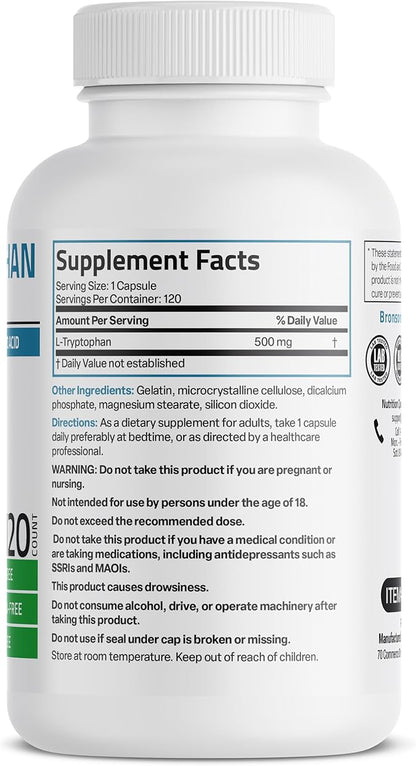 Bronson L-Tryptophan 500 MG High Potency Essential Amino Acid Supports Relaxation & Positive Mood Support Non-GMO, 120 Capsules