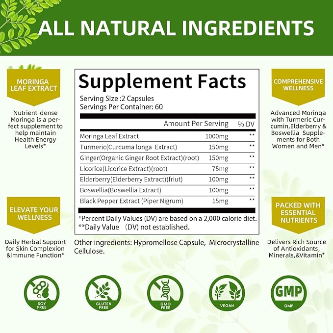 Moringa Capsules Organic 1000mg, 7-in-1 Superfood with Turmeric, Ginger, Elderberry, Licorice & Boswellia - Support Immune, Skin, Gut & Antioxidant-Non-GMO, GMP, 120 Vegan Capsules, 2 Months Supply