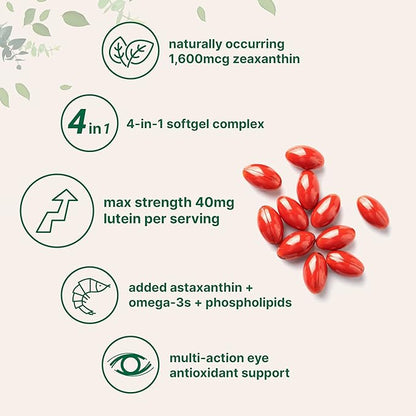Micro Ingredients Lutein & Zeaxanthin 40mg Softgels, 240 Count, with Astaxanthin, Omega-3s, & Phospholipids | Eye + Vision Health Vitamins | Third Party Tested, Non-GMO, Gluten Free