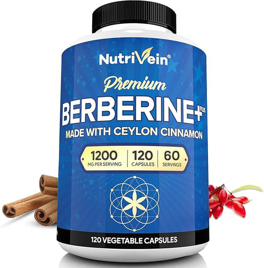 Nutrivein Premium Berberine HCL 1200 mg with Ceylon Cinnamon - 120 Capsules: High-Absorption Berberine Supplement for Defenses, Digestion, & Metabolism